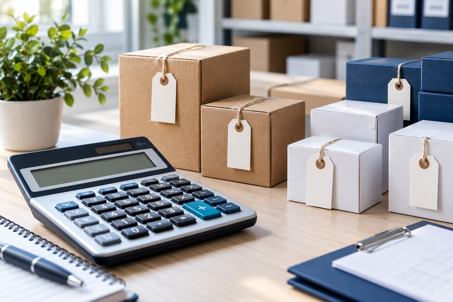 Illustrative calculator and labelled product cartons for stock valuation