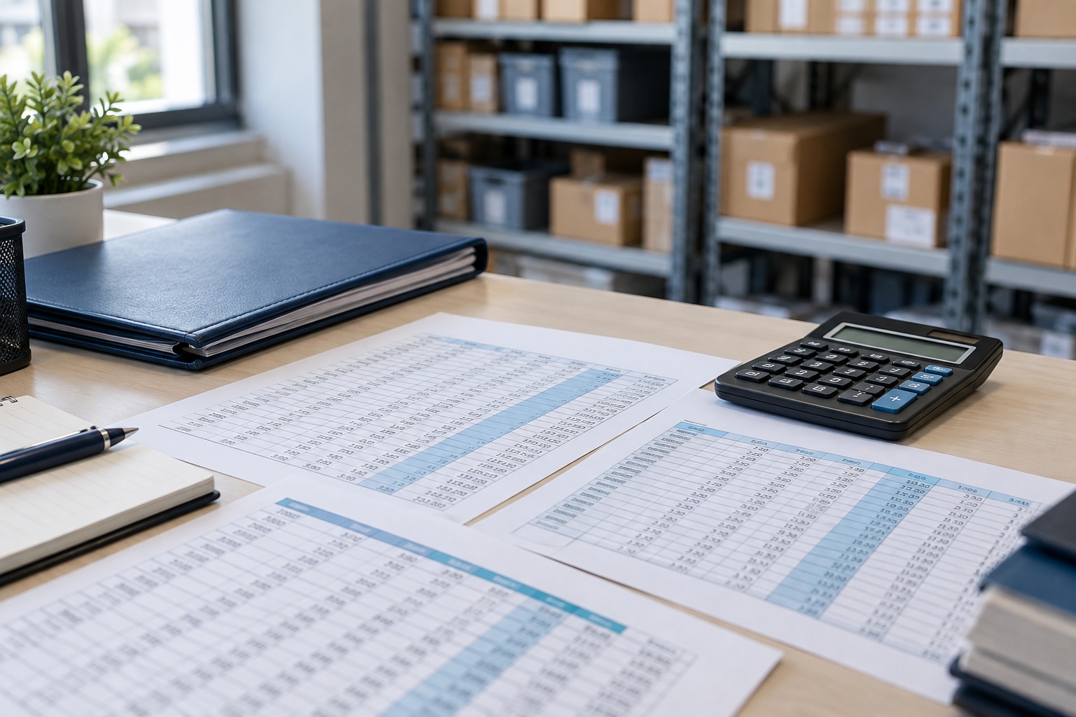 Illustrative stock reconciliation paperwork and calculator