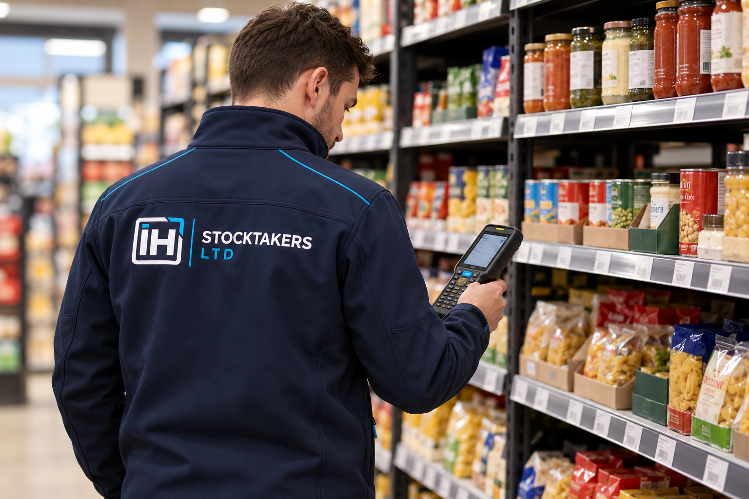 Illustrative retail count with an IH Stocktakers jacket and scanner
